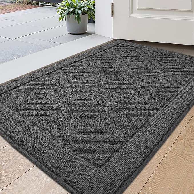 DEXI Front Door Mat for Entryway, 24x36 Washable Entry Rugs with Non Slip Backing, Low Profile Absorbent Welcome Floor Doormat for Inside Home, Entrance, Dark Grey