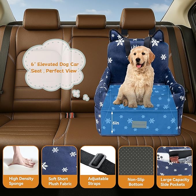 CABZOON Christmas Dog Car Seat for Small/Medium Dogs Up to 35lbs,Elevated Cushion Fits in Front/Back Seat,Travel Safety Per Car Bed with Washable Removable Cover, Storage 2 Pockets Christmas Elk