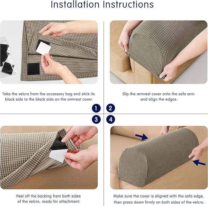 SUBRTEX Stretch Couch Arm Covers Set of 2, Checkered Sofa Arm Slipcovers, Anti-Slip Armrest Covers for Recliner and Armchairs, Pet Proof, High Stretchy, Hook & Loop Tape, Olive Green