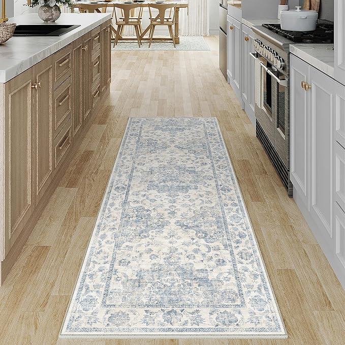 2x6 Washable Neutral Runner Rug Blue Vintage Hallway Kitchen Carpet Non-Slip Soft Low Pile Farmhouse Throw Rug for Bedroom Bathroom Laundry Living Room