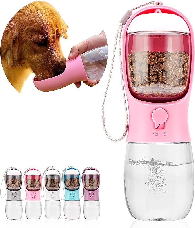 AVELORA Dog Water Bottle,Portable Pet Water Bottle with Food Container,Outdoor Portable Water Dispenser for Cat,Puppy,Pets for Walking,Hiking,Travel,Puppy Essentials,Dog Stuff(10oz)