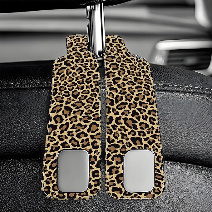 AEWNUNK Purse Hook for Car Abstract Brown Leopard 1 Pack Headrest Back Seat Hook Premium Leather Double Metal Hanger Storage Pack Bag Purse Holder Car Accessories