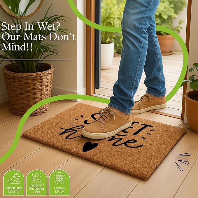 COCONIQ Coir Door Mats 17" X 30", Non-Slip Sturdy, PVC Backed Heavy Duty, Easy to Clean, Ideal for Door Entrance, Patio, Porch, Backyard, Garages, Sweet Home with Hearts