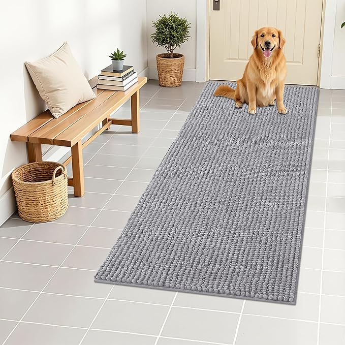 OLANLY Dog Door Mat for Muddy Paws 47x24, Ultra Absorbent Chenille Mud Doormat, Non-Slip Washable and Dirt Trapping Doormat for Indoor Entryway, Quick-Dry Indoor Pet Bed Mats for Dogs, Light Grey