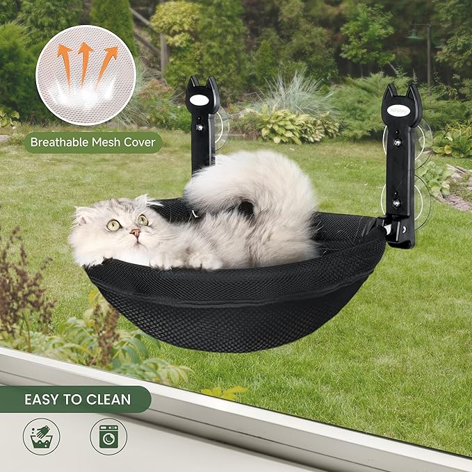 HiPetpy Cat Window Perch, Foldable Cat Hammock with Sunken Design, Breathable Cordless Window Bed with Stud Metal Frame for Large Cats and Kitten (Black Deep Perch, Medium)