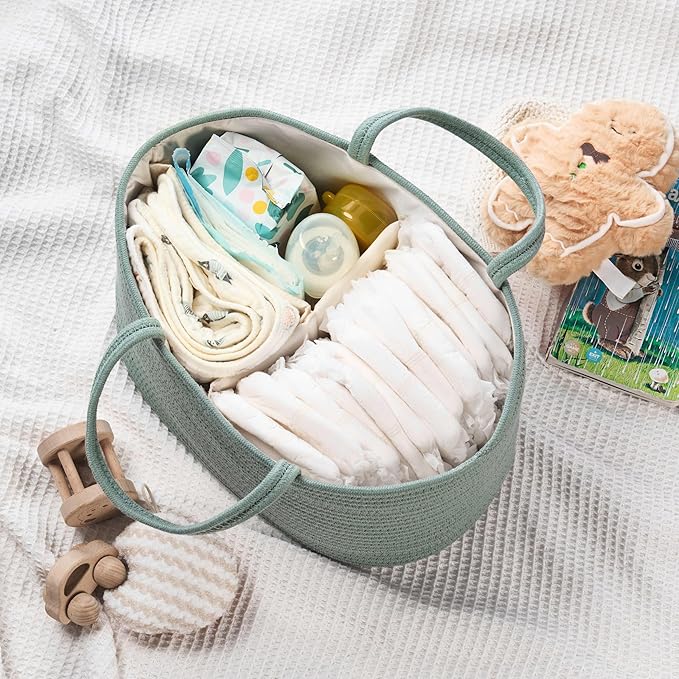 Diaper Caddy Organizer, Empty Gift Basket for Newborn Essentials, Baby Storage Basket, Stylish Gift Bag for Baby Shower, Boys and Girls - Large, Sage Green