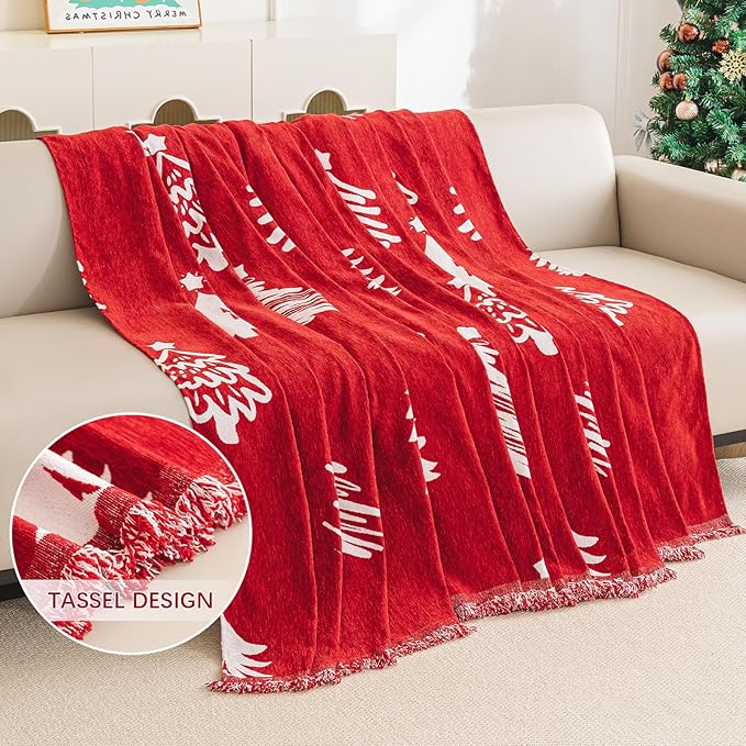 hyha Couch Cover for Dogs, Boho Sofa Covers for 3 Cushion Couch Washable, Chenille Sofa Slipcover for Pets, Soft Loveseat Sectional Couch Throw Blankets with Tassels (Red Christmas Tree, 71x118 Inch)