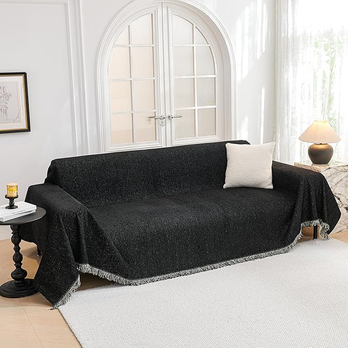 MYSKY HOME Couch Cover for Dogs Washable Couch Covers Couch Covers for Dogs Couch Cover 2 Cushion Sofa Non Slip Dogs Furniture Protector with Tassels Chenille Sofa Covers for Pets, 71"x102", Black