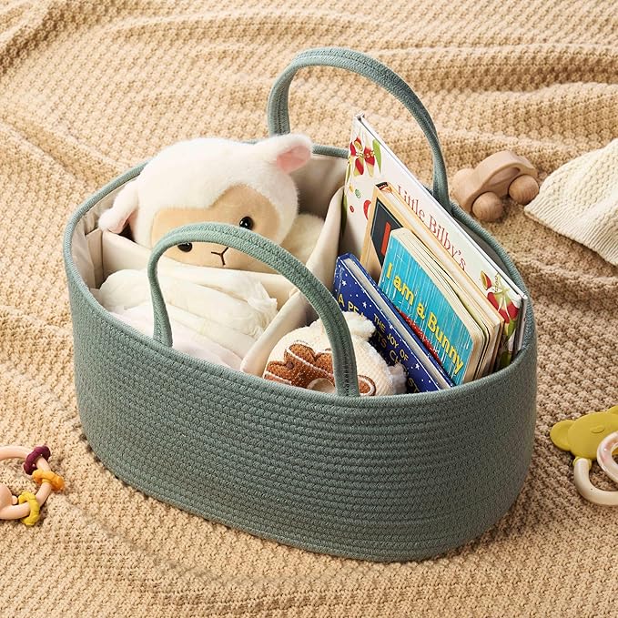 Diaper Caddy Organizer, Empty Gift Basket for Newborn Essentials, Baby Storage Basket, Stylish Gift Bag for Baby Shower, Boys and Girls - Large, Sage Green