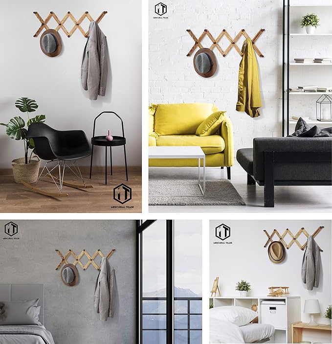 Expandable Wooden Coat Rack Hanger - Accordion Wall Hanger with Expanding Wall Pegs | Hand Made Vintage Wooden Hat Rack for Wall | Hang Coat, Jacket, Hat | Wall Rack – 14 Hook, Torched Wood