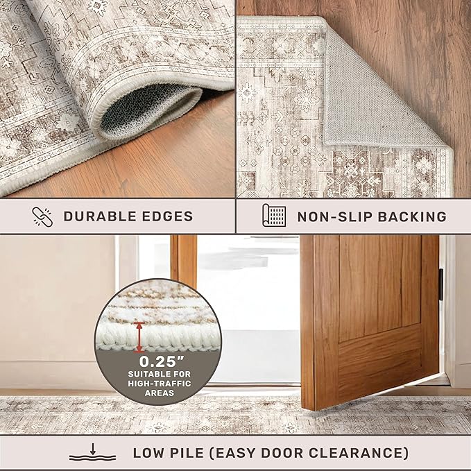 Boho Bathroom Rugs - Washable Non-Slip Soft Low Pile Area Rug for Entryway, Kitchen, and Indoor Spaces - Modern Farmhouse Design, Perfect for Boho Décor (2x3 Beige/Latte)