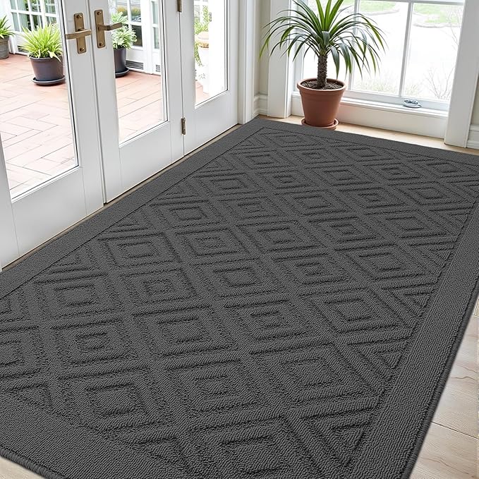 DEXI Front Door Mat for Entryway, 36x60 Washable Entry Rugs with Non Slip Backing, Low Profile Absorbent Welcome Floor Doormat for Inside Home, Entrance, Dark Grey