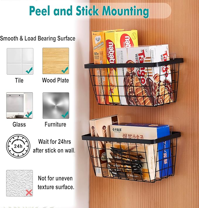 LIGHT DUST Wall Hanging Baskets - 8 Set Black Baskets & Cups Wire Basket Metal Wall Organizer Bins for Kitchen Pantry Cabinet Bathroom Shower Door RV [Included Adhesive Hooks & Mounted Screws]