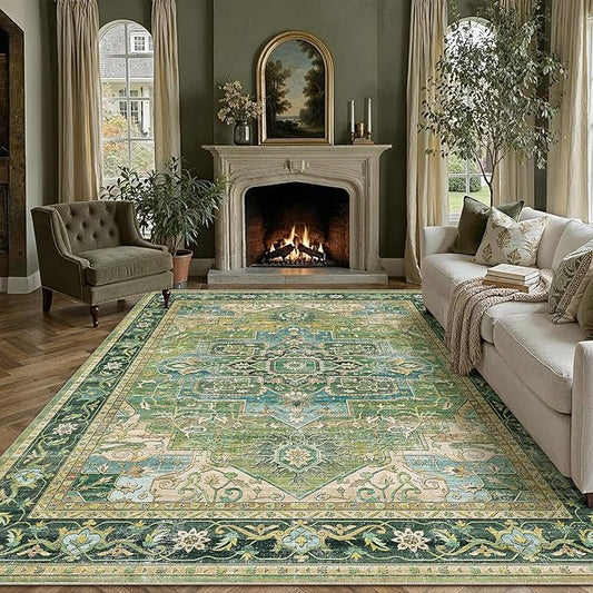 9x12 Washable Vintage Area Rug Green Oriental Living Room Bedroom Throw Rug Neutral Non Slip Soft Low Pile Carpet for Dining Room Office Nursery Indoor