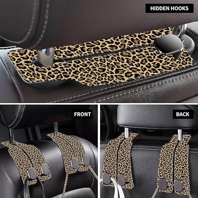 AEWNUNK Purse Hook for Car Abstract Brown Leopard 1 Pack Headrest Back Seat Hook Premium Leather Double Metal Hanger Storage Pack Bag Purse Holder Car Accessories