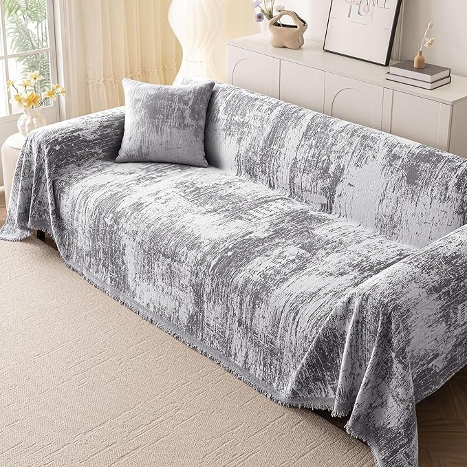 hyha Couch Cover for Dogs, Boho Sofa Covers for 3 Cushion Couch Washable, Chenille Sofa Slipcover for Pets, Soft Loveseat Sectional Couch Throw Blankets with Tassels (Dark Grey/White, 71x134 Inch)