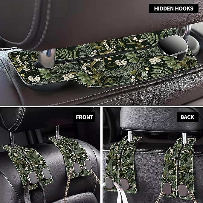 AEWNUNK Purse Hook for Car White Flowers Berries and Leaves 1 Pack Headrest Back Seat Hook Premium Leather Double Metal Hanger Storage Pack Bag Purse Holder Car Accessories