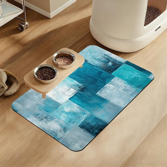 Blue Teal Dog Cat Food Mat–Absorbent Waterproof Placemat for Food and Water Bowls, Non Slip Rubber Backing, Feeding Mat for Clean Floors 12"x20"