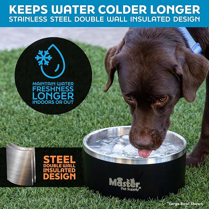 Master Pet Supply Stainless Steel Dog Bowls - 32 oz, Heavy Duty - Black Velvet, Double Wall Extra-Thick Insulated, Non-Slip Pet Water Bowl for Dogs, Cats & Pets, Anti Rust Metal, Dish Washer Safe