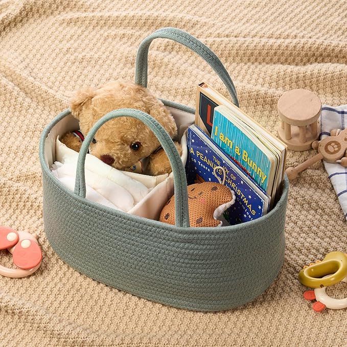 Diaper Caddy Organizer, Empty Gift Basket for Newborn Essentials, Baby Storage Basket, Stylish Gift Bag for Baby Shower, Boys and Girls - Small, Sage Green