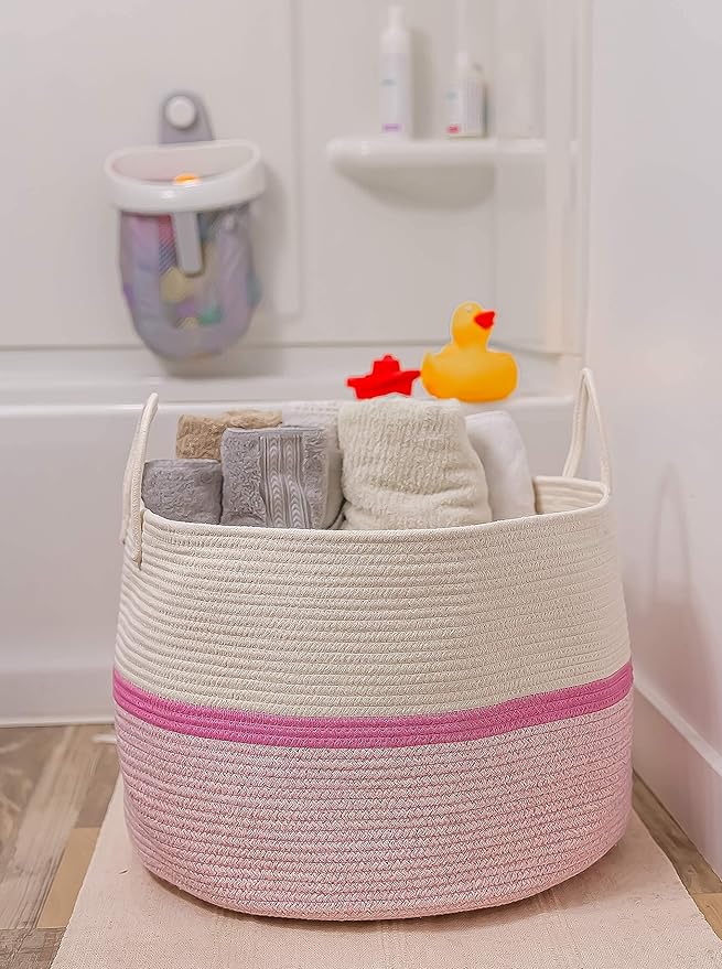 OrganiHaus Large Woven Storage Basket for Blankets and Toys 20" x 13" Inch, Rope Laundry Basket with Handles, Cushions & Pillows Storage Bin, Nursery Hamper, Soft Round Dog Toy Bin - Pink Stripe