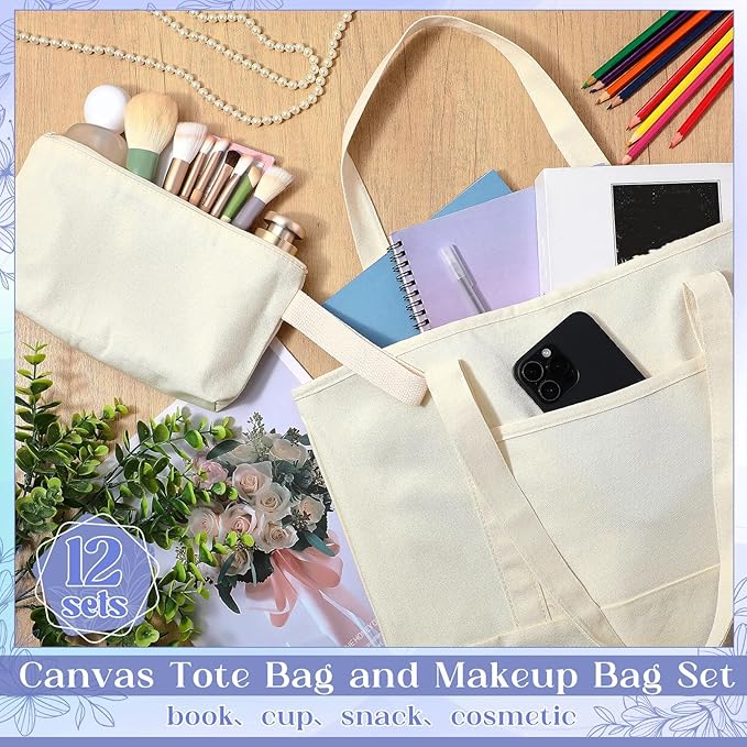 Sanwuta Canvas Tote Bags Bulk with Outer Pocket and Makeup Pouch 18'' Reusable Grocery Bags with Handles for Women Beach DIY