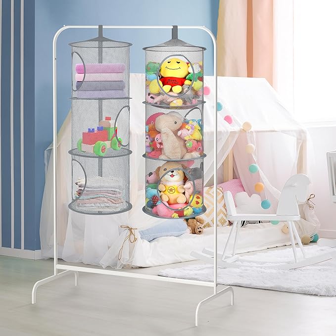 coastal rose 2Pcs Stuffed Animal Storage Foldable Stuffed Animal Net or Hammock Organizer, 3 Compartments Hanging Mesh Toy Storage Hammock for Kid Room Toys, Gloves, Hats, Socks（Grey）