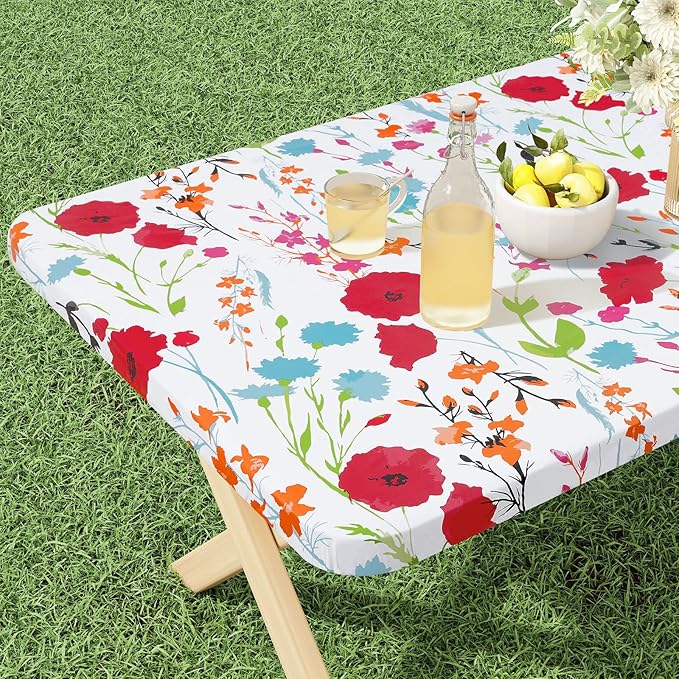 misaya Rectangle Vinyl Tablecloth, Fitted Table Cover, 100% Waterproof, Elastic Edge, Flannel Backing, Plastic Table Cloth Fit 4 Foot Folding Tables for Picnic, Camping, Outdoor (Flowers, 30x48 inch)