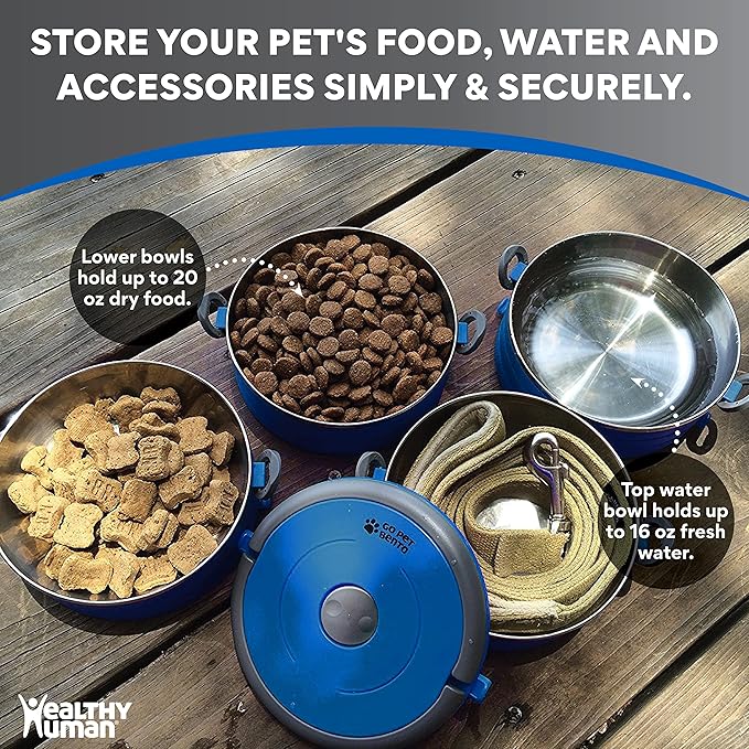 Healthy Human Travel Pet Bento Bowls - Human-Grade Stainless Steel & BPA-Free, Leak-Proof Water & Food Container Set for Dogs & Cats, 2-Pack Interlocking Bowls, Includes Spare Clips & Handle (Blue)