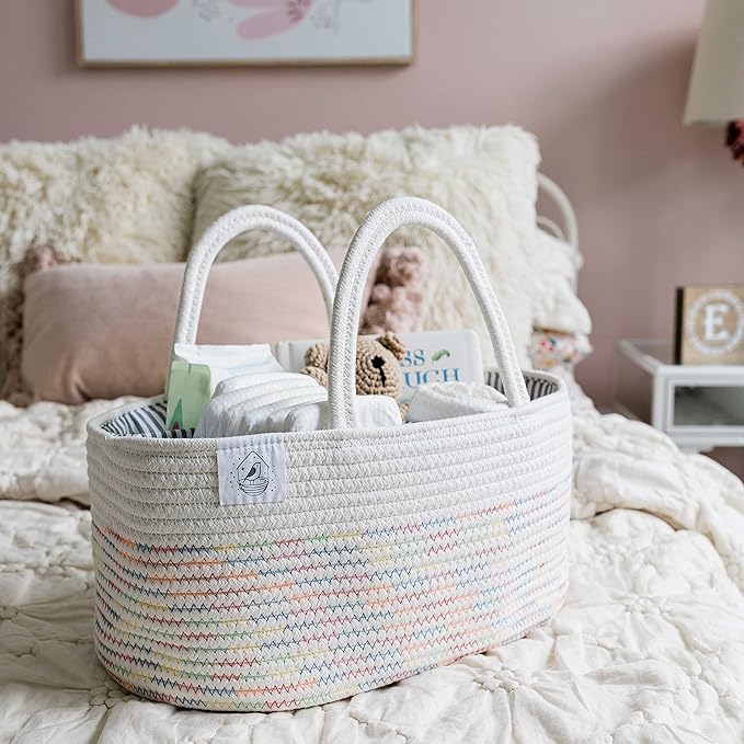 OrganiHaus Nursery Storage Basket, Cotton Rope Toy, Foldable Design, Machine Washable, Ideal for Baby Room & Laundry - Stitches Rainbow