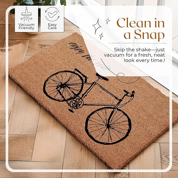 COCONIQ Coir Door Mats 17" X 30", Non-Slip Sturdy, PVC Backed Heavy Duty, Easy to Clean, Ideal for Door Entrance, Patio, Porch, Backyard, Garages, Enjoy The Ride Vintage Bicycle