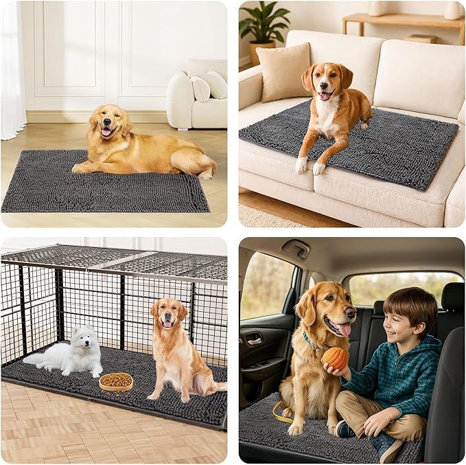 Amyracel Absorbent Dog Door Mat for Muddy Paws, 48" x 30" Non Slip Washable Door Mat Indoor Entrance, Quick Dry Chenille Pet Entry Rugs for Entryway Indoor, Grey