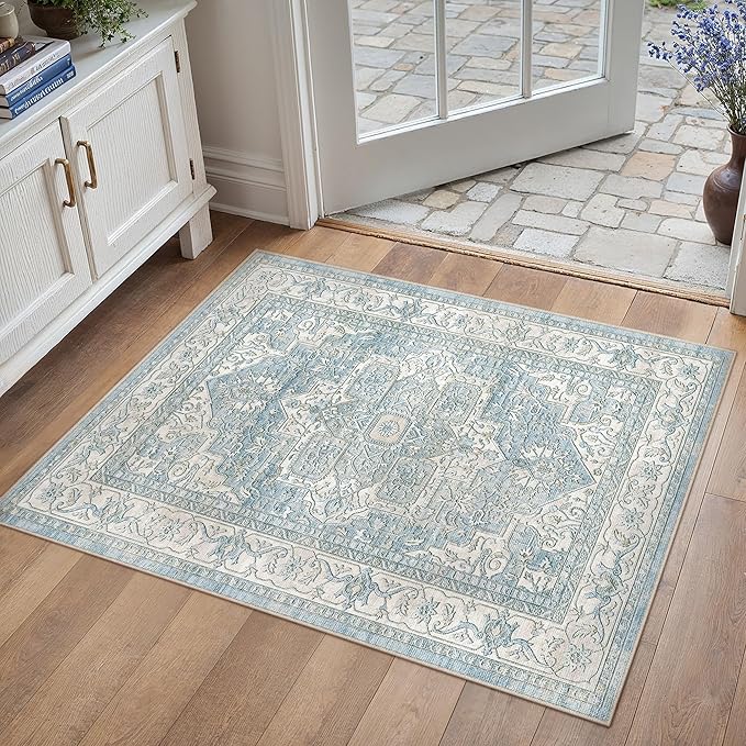2x3 Washable Vintage Area Rug Blue Oriental Soft Entryway Throw Rug Neutral Non Slip Low Pile Small Carpet for Kitchen Bathroom Living Room Bedroom