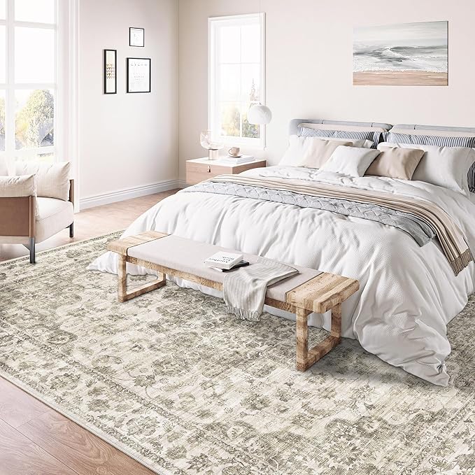 8x10 Washable Neutral Area Rug Taupe Vintage Living Room Bedroom Carpet Non-Slip Soft Low Pile Farmhouse Large Throw Rug for Dining Room Entryway Office