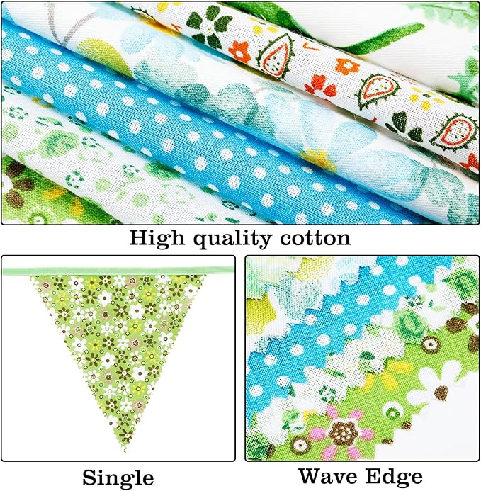 G2PLUS 39Ft Triangle Bunting Banner, Green Blue Cotton Pennant Banner, 42pcs Reusable Fabric Triangle Flags Party Decoration for Wedding, Birthday, Garden Party, Spring Picnic, Baby Shower Decorations