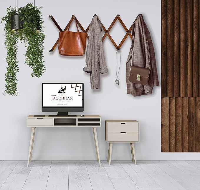 Mercurial Trade Expandable Wooden Coat Rack Hanger - Large Accordion Hanger with Expanding Pegs | Hand Made Rustic Wooden Hat Rack for Wall | Hang Coat, Jacket, Hat | Wall Rack – 14 Hook, Jacobean