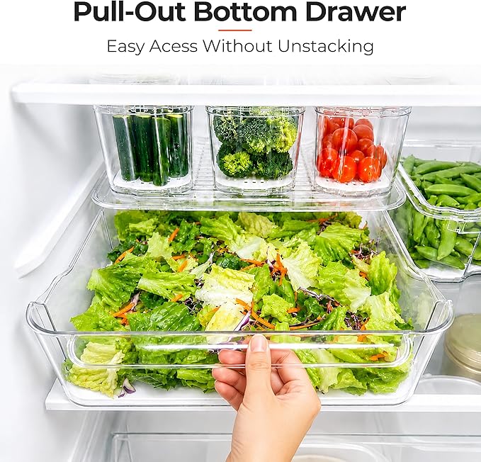 SMRCAD Refrigerator Organizers and Storage, 6 Pack with 1 Pull-Out Drawer and 5 Lidded Bins, Fruit Storage Containers for Fridge with Drain Trays, Helps Keep Produce Fresh