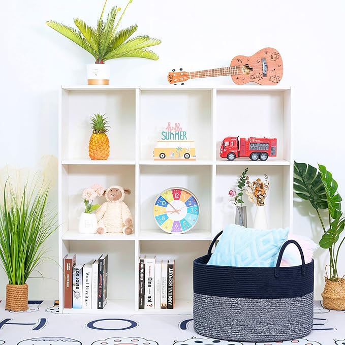MINTWOOD Design Extra Large 22 x 14in Decorative Woven Cotton Rope Blanket Storage Basket Bin Living Room with Long Handles, Laundry Hamper for Pillows, Pool Towels, Dog Toys, Shoes, Navy Blue