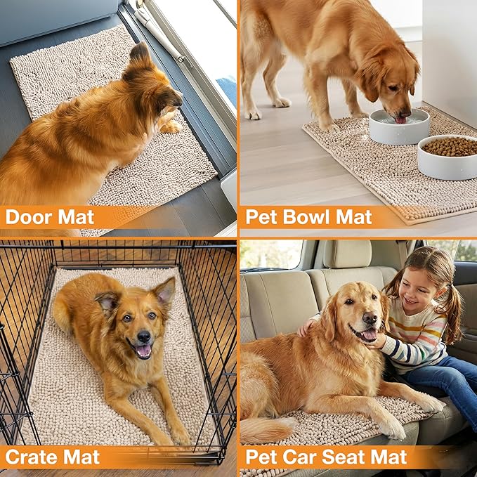 Neater Pets Chenille Dog Door Mat 30” x 20” – Super Absorbent & Quick-Dry Muddy Paws Doormat for Trapping Dirt, Water, Mud - Non-Slip & Machine Washable Pet Rugs for Entryway, Indoor Mud Mats, Beige