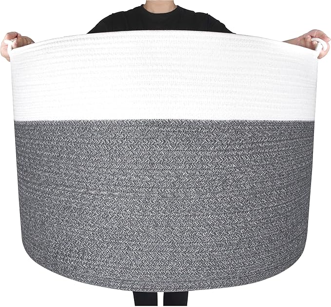 MINTWOOD Design Extra Large 22 x 16in Decorative Woven Cotton Rope Blanket Storage Basket Bin Living Room with Handles and Laundry Hamper for Pillows, Pool Towels, Dog Toys, Shoes, Dark Grey