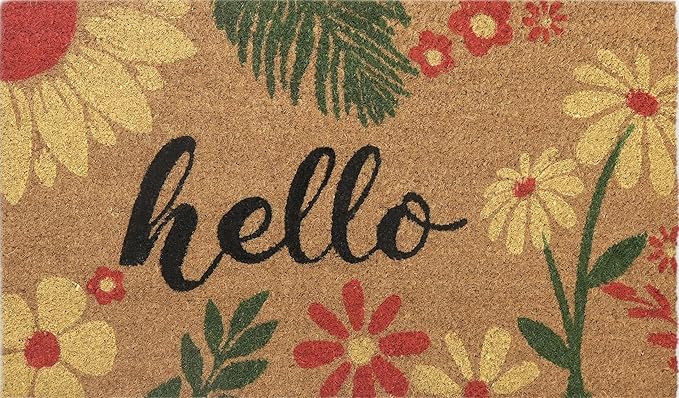 COCONIQ Coir Door Mats 17" X 30", Non-Slip Sturdy, PVC Backed Heavy Duty, Easy to Clean, Ideal for Door Entrance, Patio, Porch, Backyard, Garages, Vibrance of Flora - Hello