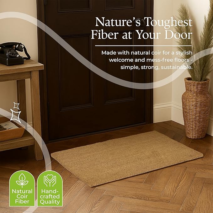 COCONIQ Coir Door Mats 17" X 30", Pack of 2, Non-Slip Sturdy, PVC Backed, Heavy Duty, Easy to Clean, Ideal for Door Entrance, Patio, Porch, Backyard, Garages, Plain Mat