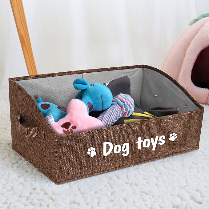 PET ARTIST Sturdy Collapsible Dog Organization and Storage Basket Accessible,Cute Dog Toy Storage with Handles,Dog Toy Box Bin Large for Chew Toys,Clothes,Squeak Toys,Brown
