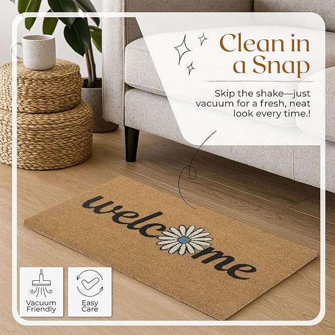 COCONIQ Coir Door Mats 17" X 30", Non-Slip Sturdy, PVC Backed Heavy Duty, Easy to Clean, Ideal for Door Entrance, Patio, Porch, Backyard, Garages, Welcome with Blue Daisy