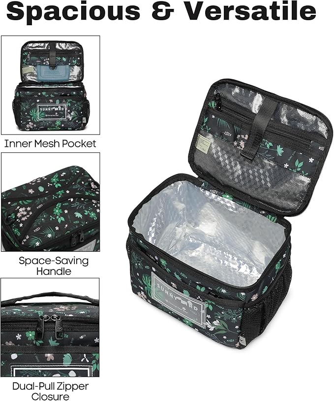 SUNNY BIRD Insulated Lunch Bag with Foldable and Leakproof Design, Thermally Insulated, Shoulder Strap for Women, Men and Teen (Floral & Foliage)