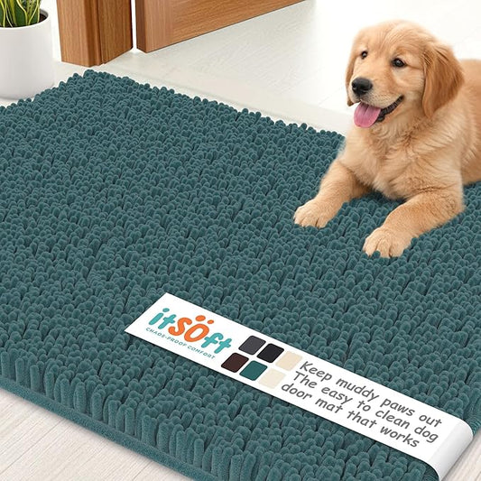ITSOFT Dog Rugs for Muddy Paws 34x21 | Cleaner, Mud Free Floors | Dog Door Mat for Muddy Paws Muddy Rug for Dogs Absorbent Chenille Machine Washable w Non Slip Backing Outdoor Pets & Paw Matt, Teal