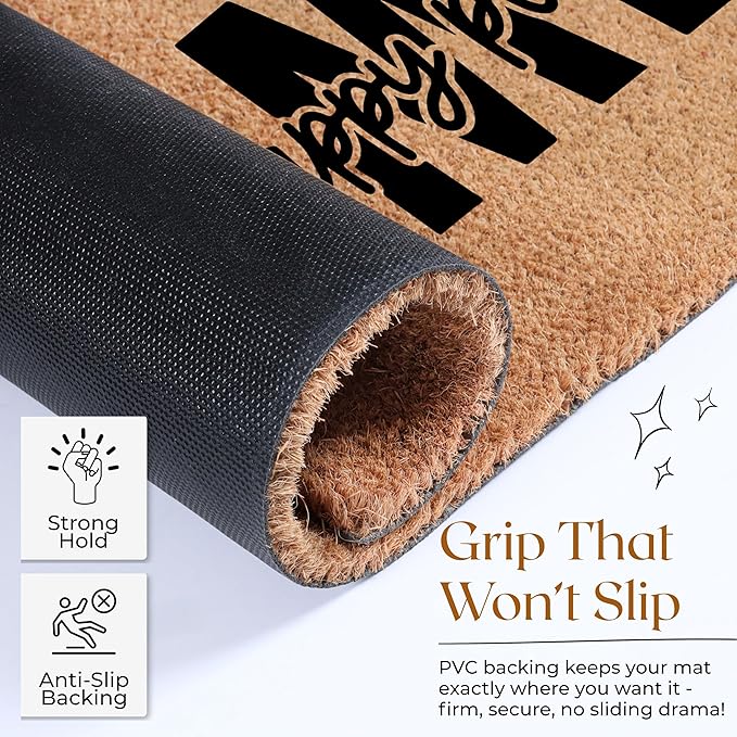 COCONIQ Coir Door Mats 17" X 30", Non-Slip Sturdy, PVC Backed Heavy Duty, Easy to Clean, Ideal for Door Entrance, Patio, Porch, Backyard, Garages, Home is Our Happy Place
