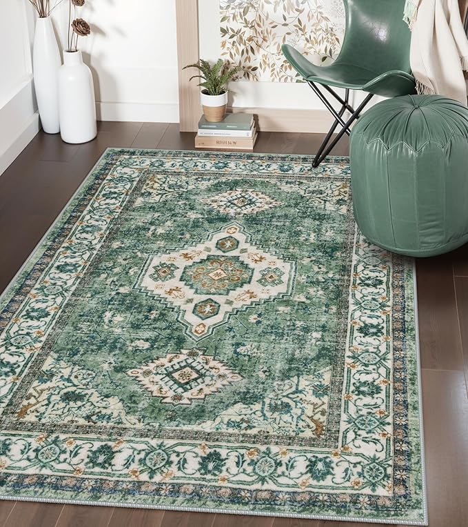 Lahome Oriental Machine Washable Rug, 3x5 Soft Green Rugs for Entryway Dorm, Non Slip Distressed Vintage Throw Carpet for Bedroom Living Room Entrance Eleanor, Green/Multi