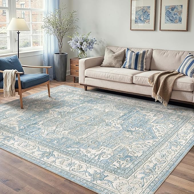 6x9 Washable Vintage Area Rug Blue Oriental Living Room Bedroom Throw Rug Neutral Non Slip Soft Low Pile Carpet for Dining Room Office Nursery Indoor