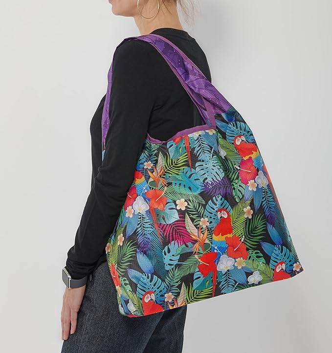 O-WITZ Reusable Grocery Bags | Vibrant Tote Bag For Groceries, Gym, Office, Beach, Toys & More | Washable Design With Large Handles For Maximum Convenience | Folds Into A Small Pouch, Parrots purple